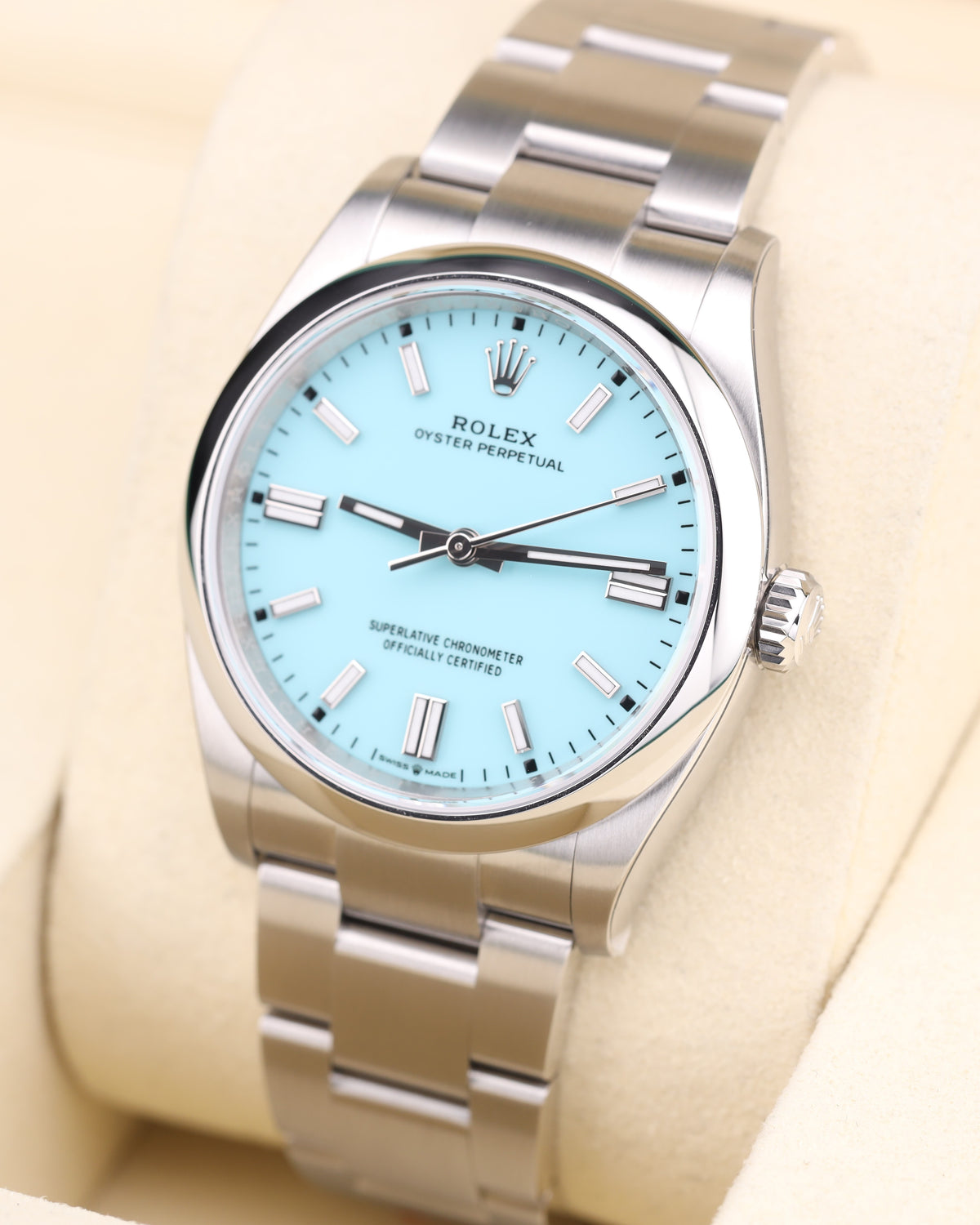 Actual turquoise-dial Rolex Oyster Perpetual 126000, angled view